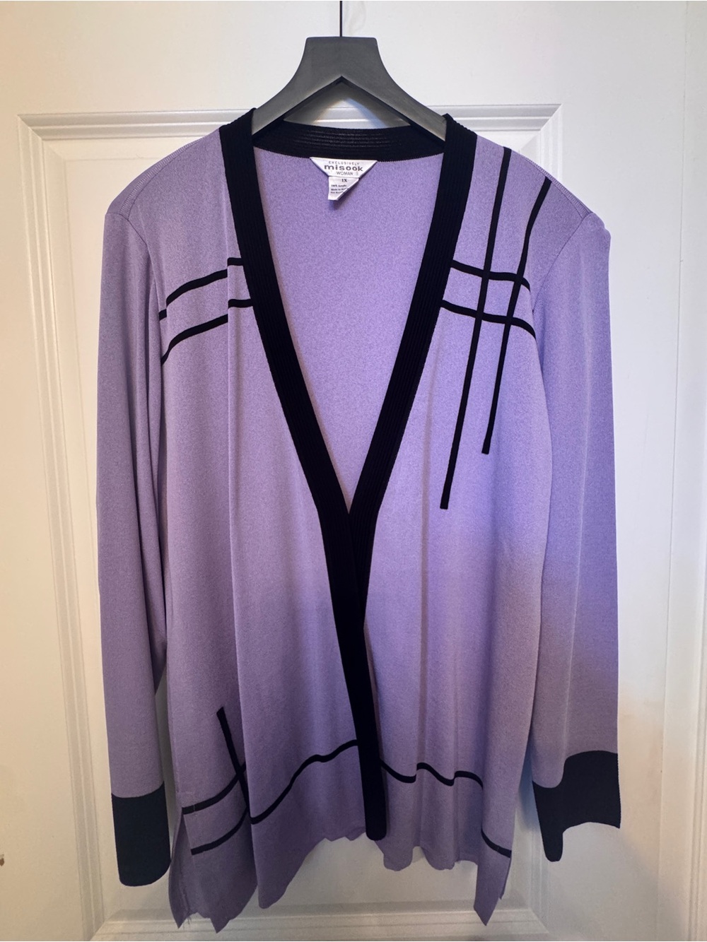 Misook Lavender Open-Front Cardigan with Black Trim and Linear Detail
